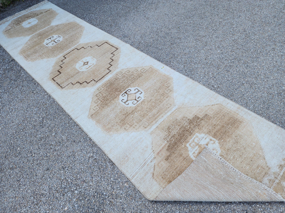 3x11 Neutral Turkish Wool Runner Rug, Hand-Knotted Vintage Hallway & Entryway Rug