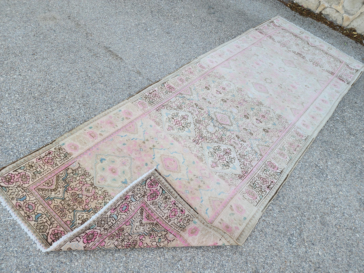 Vintage Neutral Runner Rug 3x9: Hand Knotted, Pink And Brown
