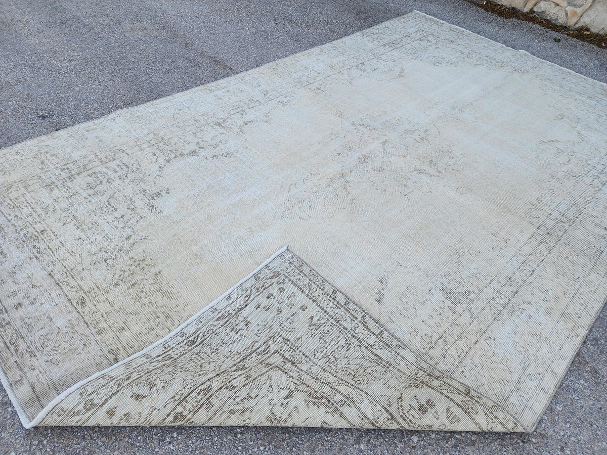 Neutral Area Rug 6x10, Beige and Soft Green, Turkish Hand Knotted, Oriental Home Decor
