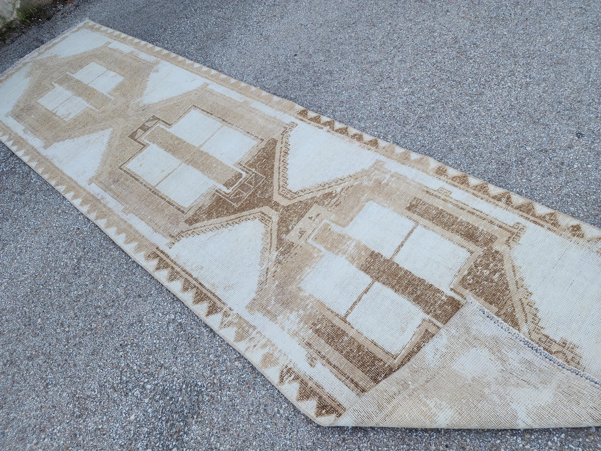 3x12 Neutral Runner Rug, Geometric Turkish Hand Made Design, Beige and White