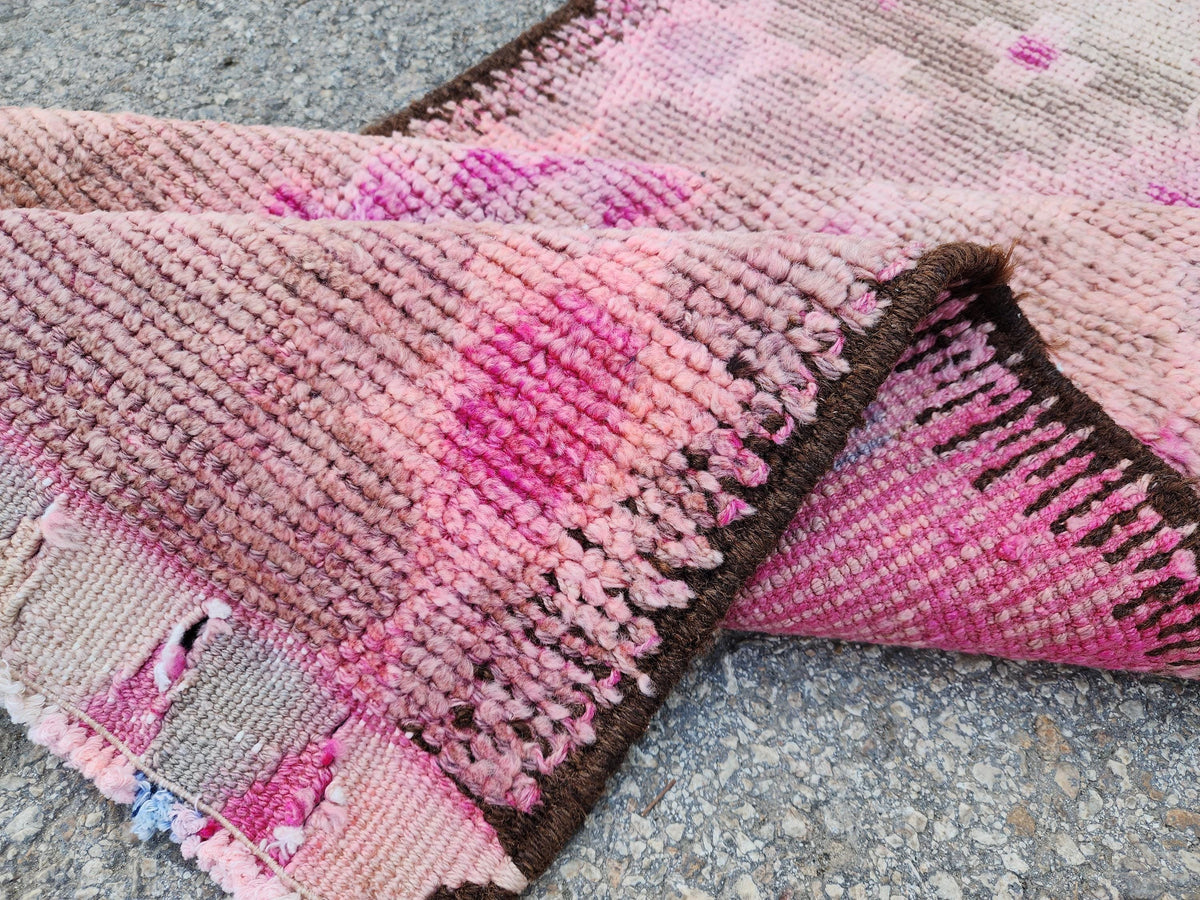 Herki Pink Runner Rug 2.7x10 ft, Turkish Wool Hand Made Carpet, Home Rustic Hallway Decor