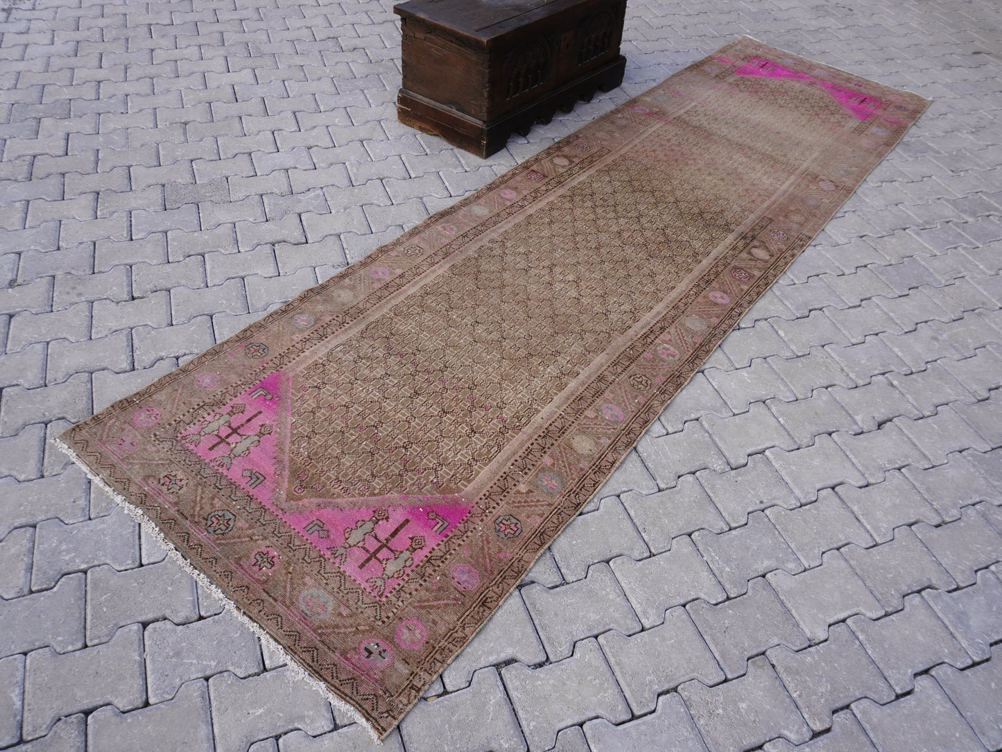 Wool Neutral Runner Rug Pink 3x12 ft - sku1596