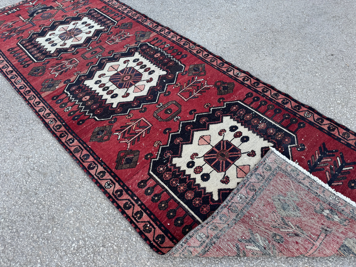 3x9 Vintage Persian Runner Rug – Hand Knotted Tribal Wool Rug, Red Hallway Rug with Geometric Motifs, 1970s- sku2048