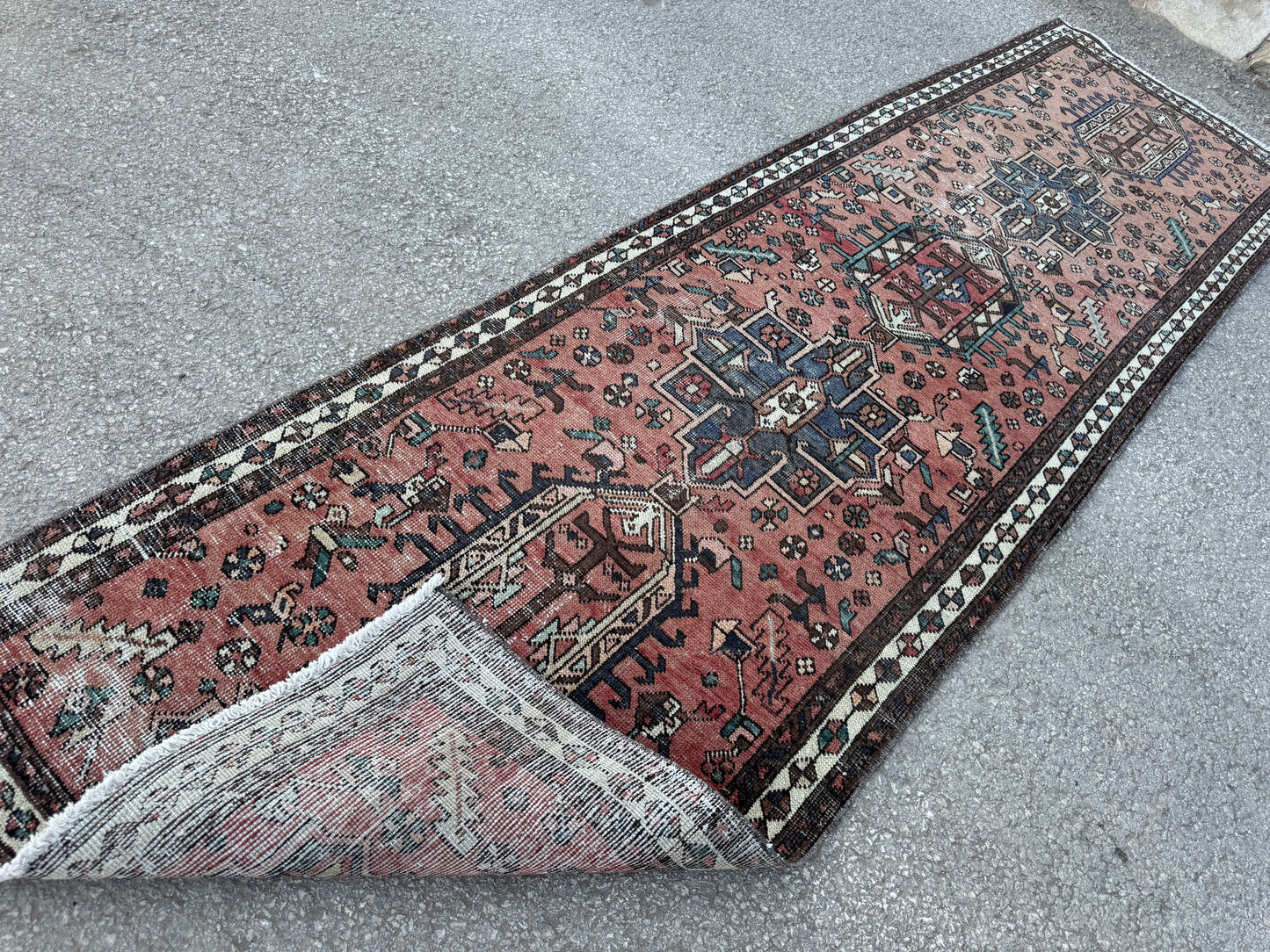 3x11 Vintage Heriz Runner Rug – Hand Knotted Persian Wool Rug, Faded Tribal Hallway Rug, 1970s Antique Style Runner- sku2055