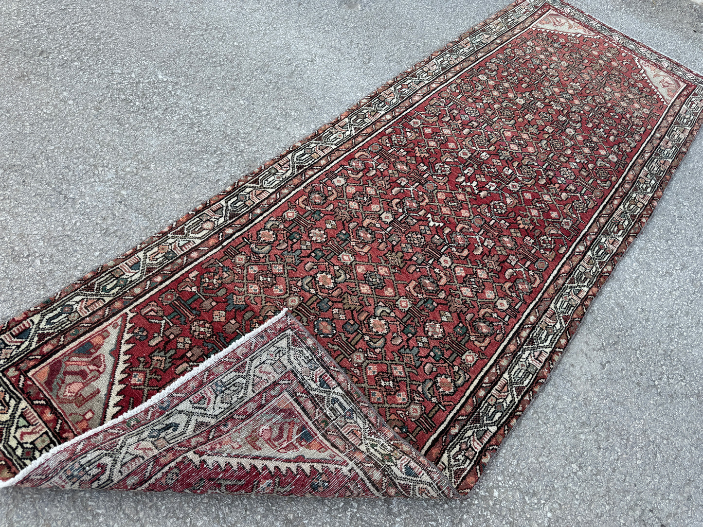 3x9 Vintage Hamadan Runner Rug – Hand Knotted Persian Wool Rug, Red Traditional Hallway Rug- sku2059