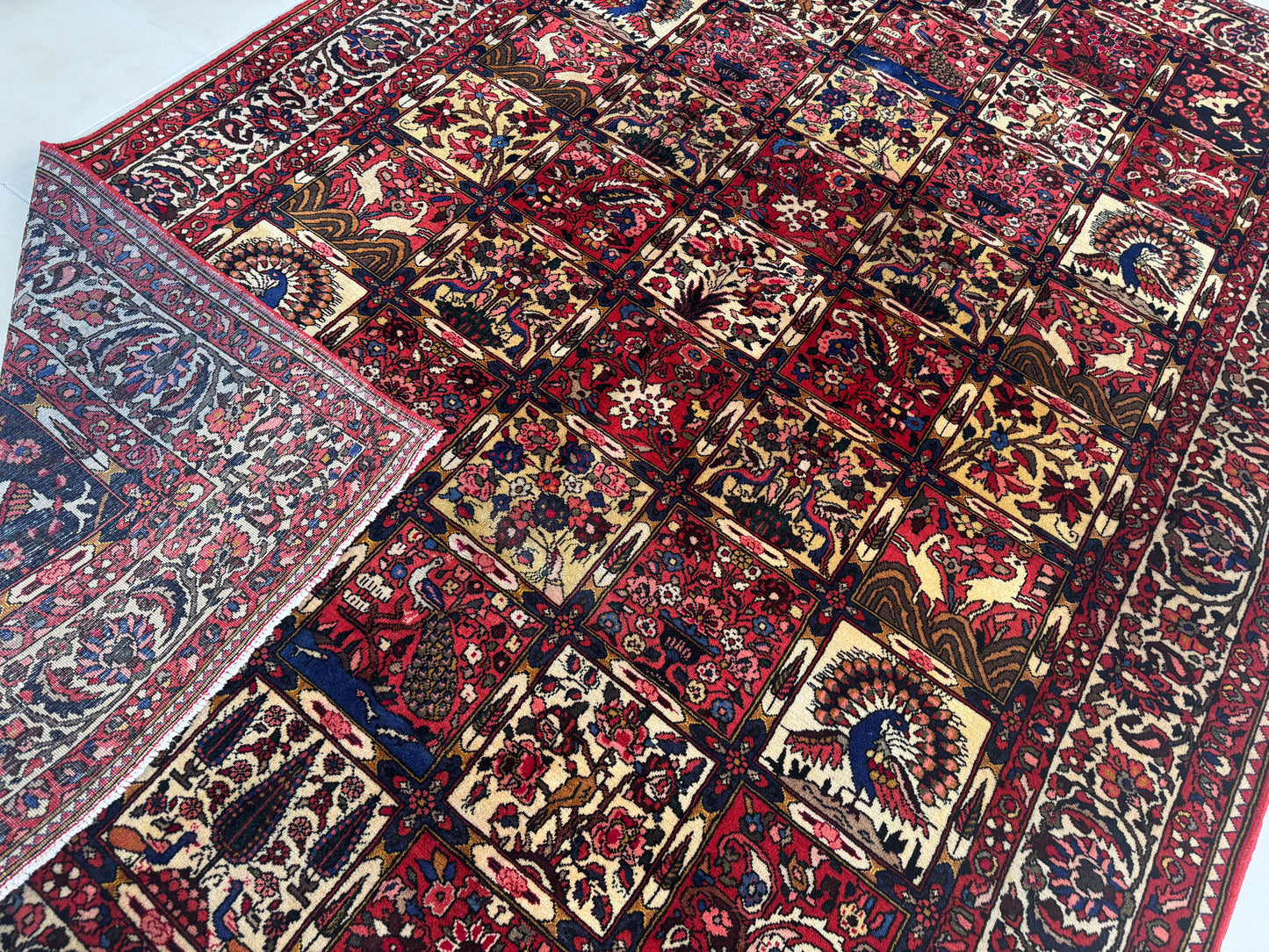 Vintage Bakhtiari Wool Rug 7x10 ft – Hand Knotted Persian Style Red Patchwork Area Rug (1960s)- sku2100