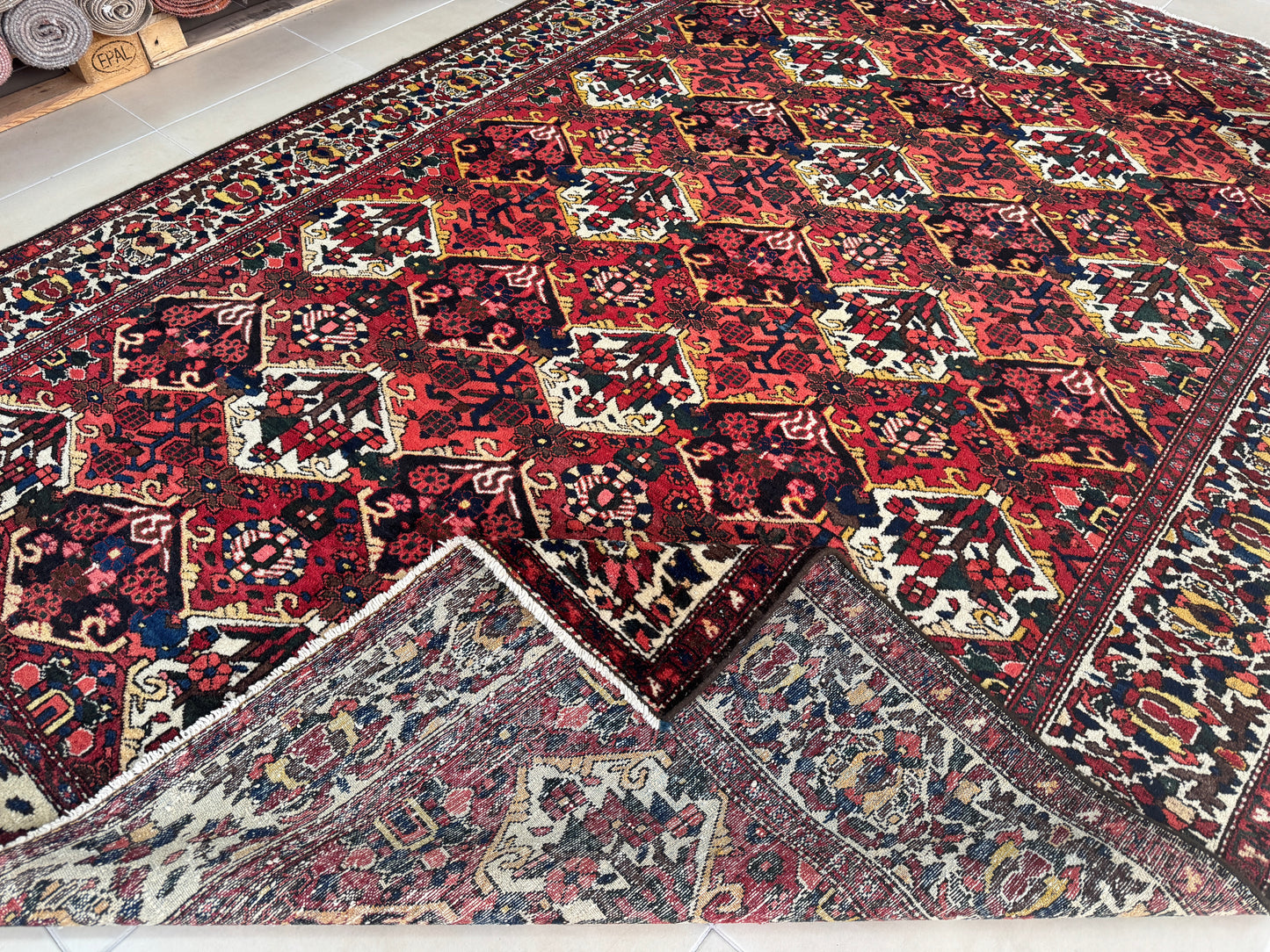 Vintage Bakhtiari Wool Rug 7x10 ft – Hand Knotted Persian Tribal Red Diamond Area Rug (1970s)- sku2101
