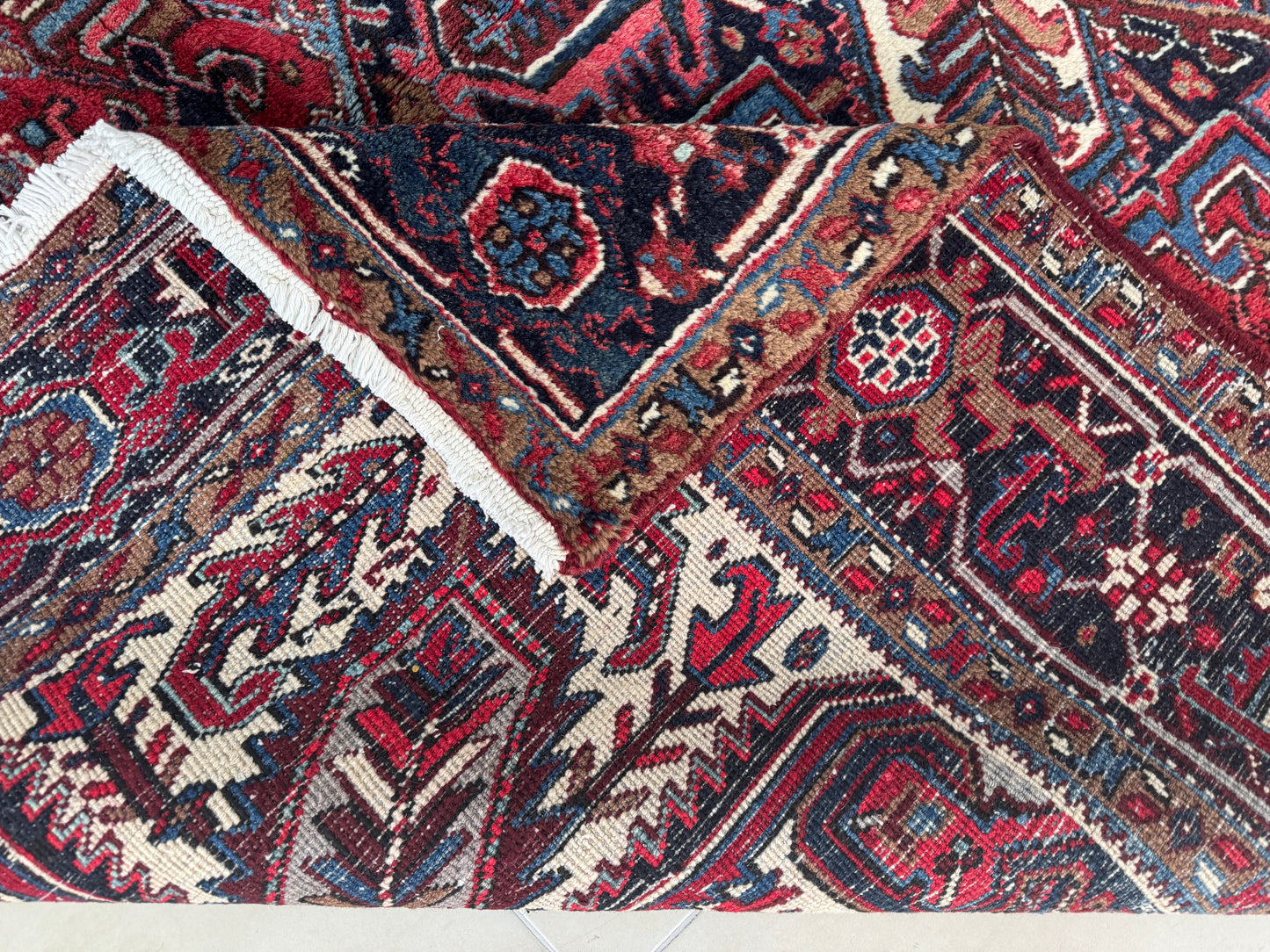 Vintage Heriz Wool Rug 8x9 ft – Hand Knotted Persian Tribal Red Blue Area Rug (1960s)