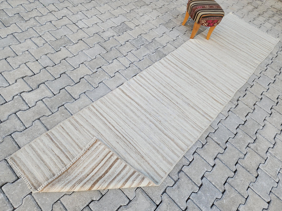 Neutral Turkish Kilim Runner Rug: 2.7x12, Handwoven Wool