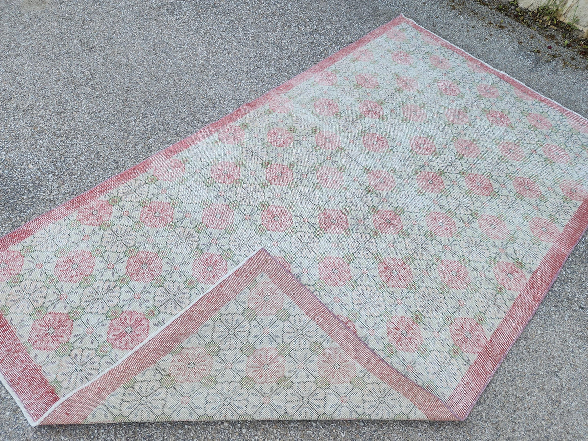 5x9 Vintage Area Rug, Turkish Wool Hand Knotted, Faded Red And Green Carpet