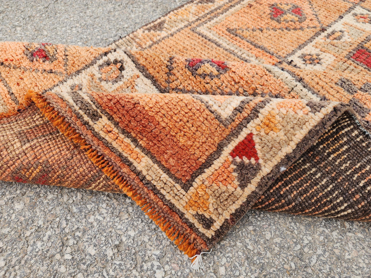 Orange Herki Runner Rug 3x11, Wool on Wool Oriental Decor, Turkish Hand Made, Kitchen Decor