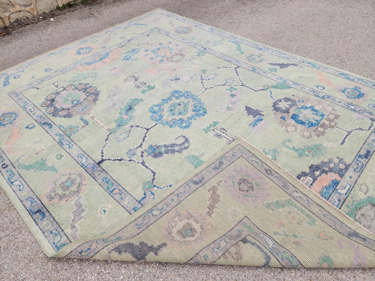 8x10 Oushak Rug: Eco Friendly Carpet,Handwoven Turkish Wool, Pastel Green Vintage Style