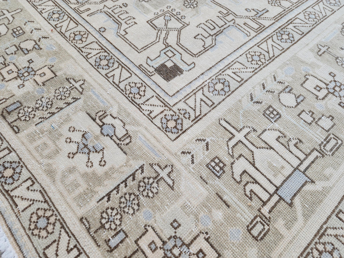 Vintage 9x13 Neutral Oriental Rug: Hand Woven Wool Cotton Area Rug, Geometric Pattern Carpet