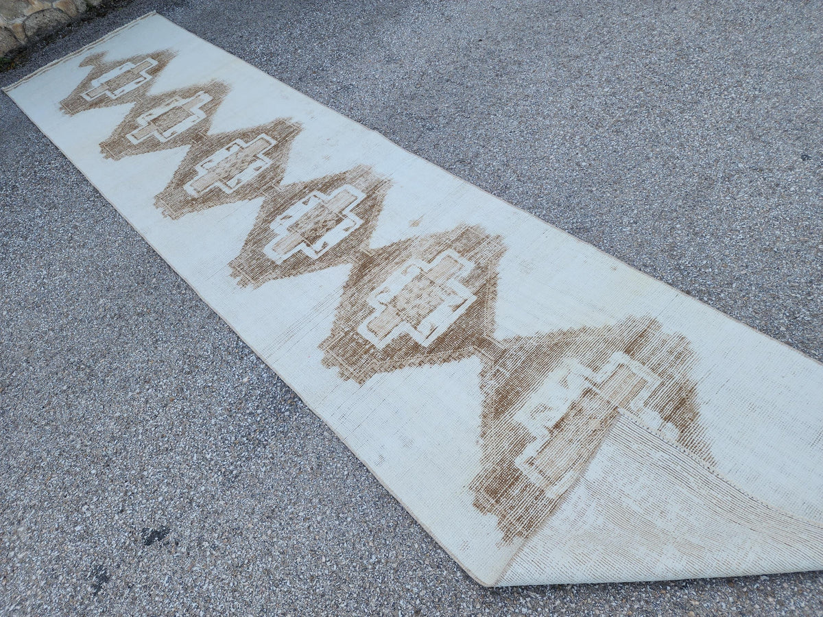 3x13 Handmade Wool Turkish Runner Rug: Neutral Beige Living Room Decor