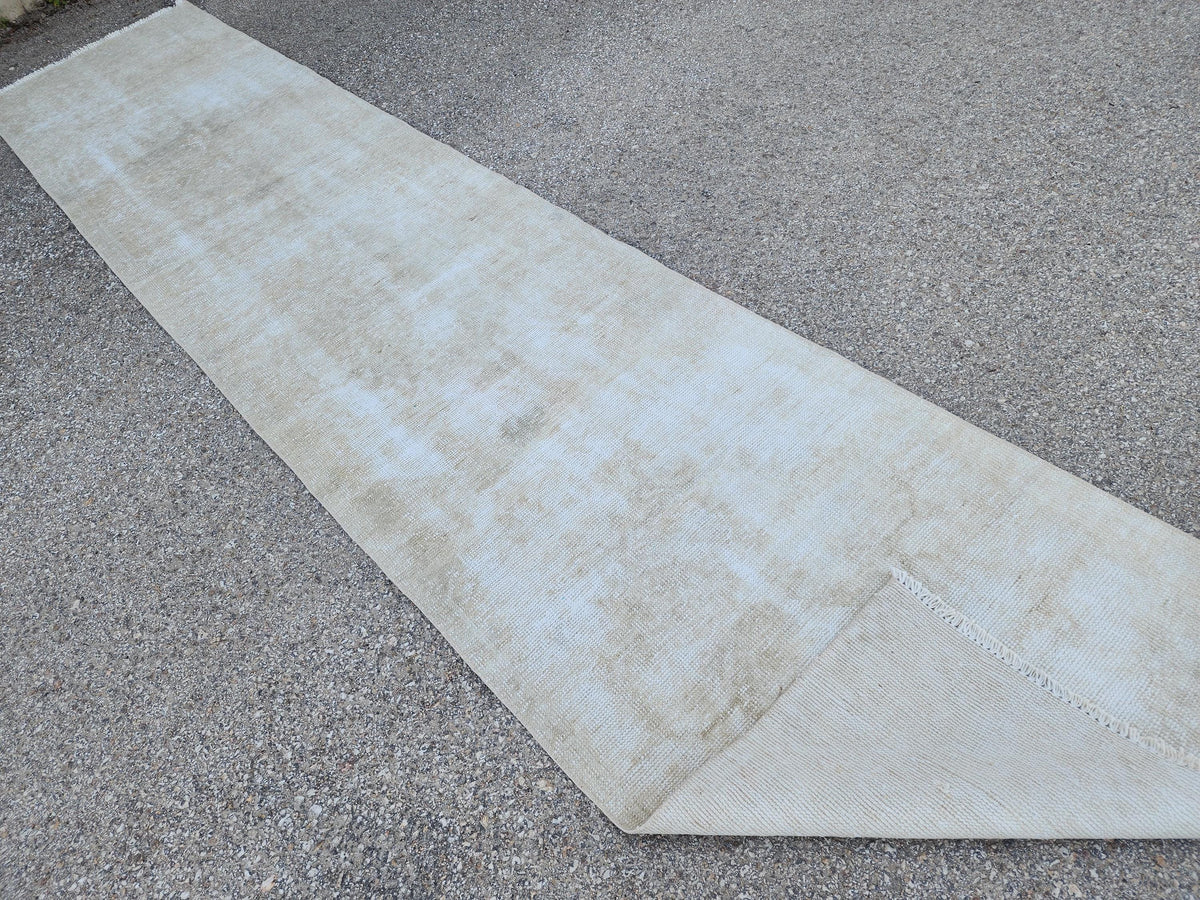 Neutral Turkish Wool Runner Rug 2x11: Hand-Knotted Bohemian Hallway Decor