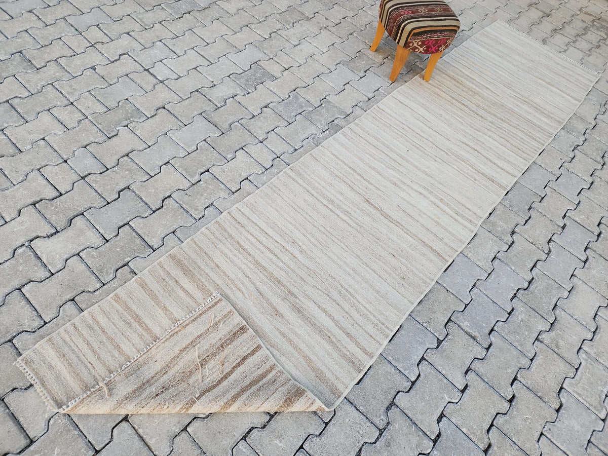 Hand Knotted Turkish Kilim Runner 2.7x11: Neutral Wool Rug
