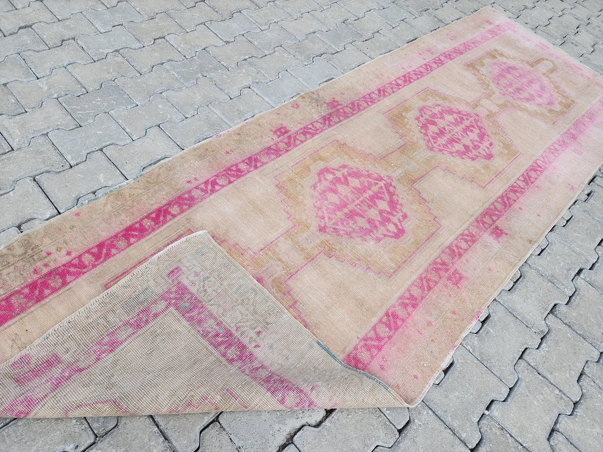 Vintage Pink Wool Oushak Runner Rug - 3x9 Oriental Entryway Rug