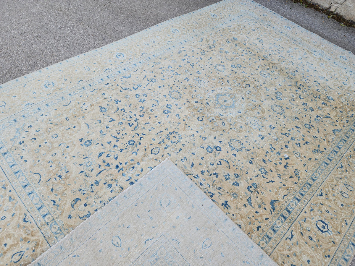 Neutral Blue Wool Area Rug 9x14: Rustic Farmhouse Bohemian Style