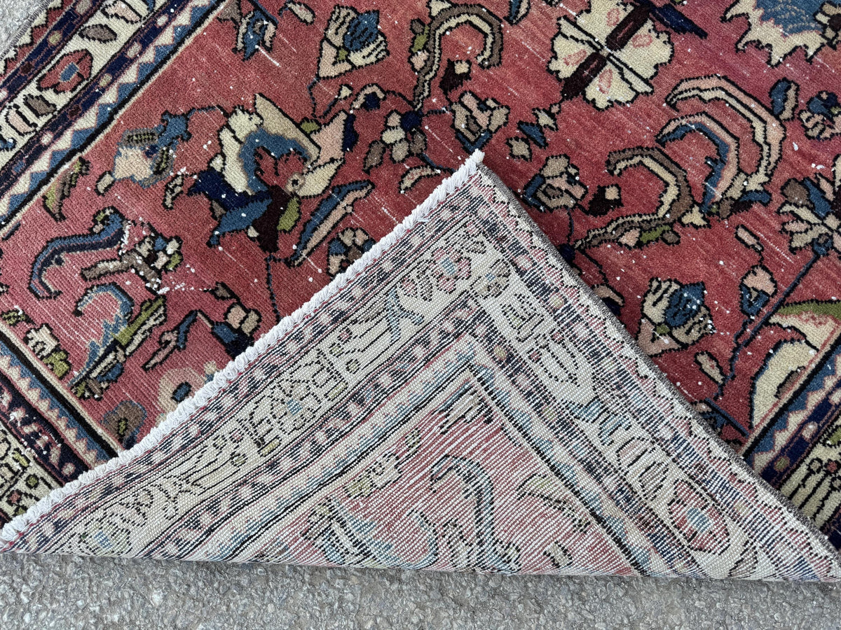 3x9 Tribal Persian Rug: Hand Woven, Faded Red and Black Pattern