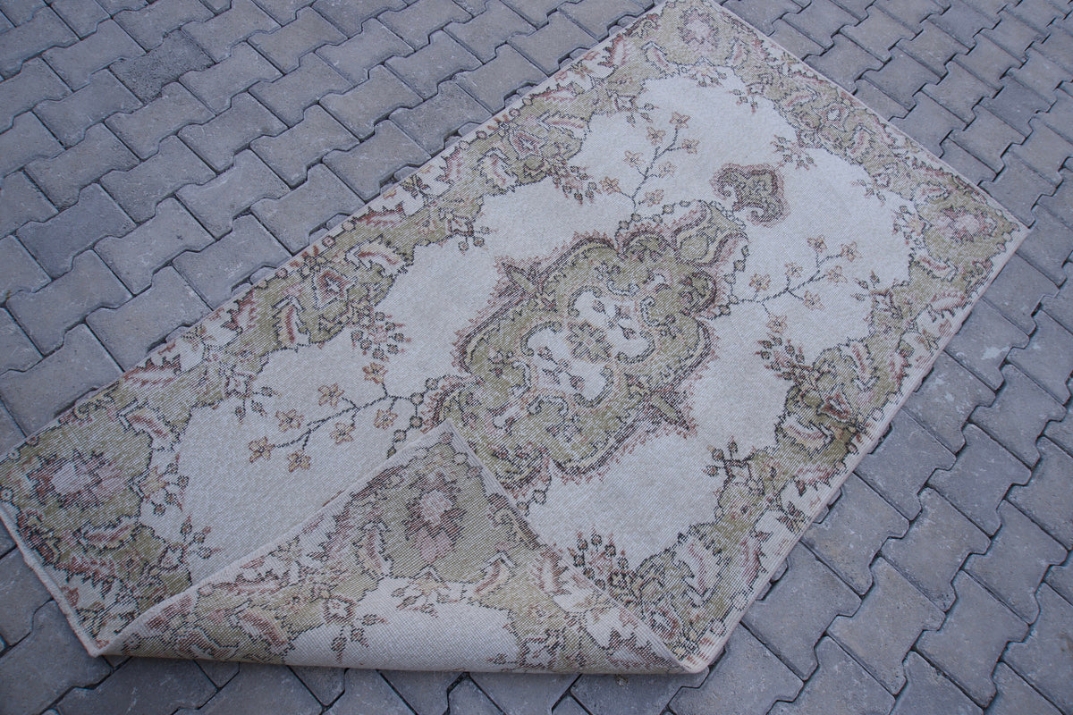 Vintage Turkish Oushak Rug 4x7: Handwoven Wool & Cotton