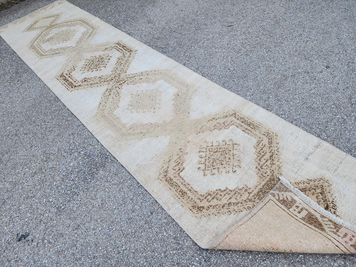 Neutral Runner Rug 3x13, Hand Knotted Rustic Boho Decor, White and Brown