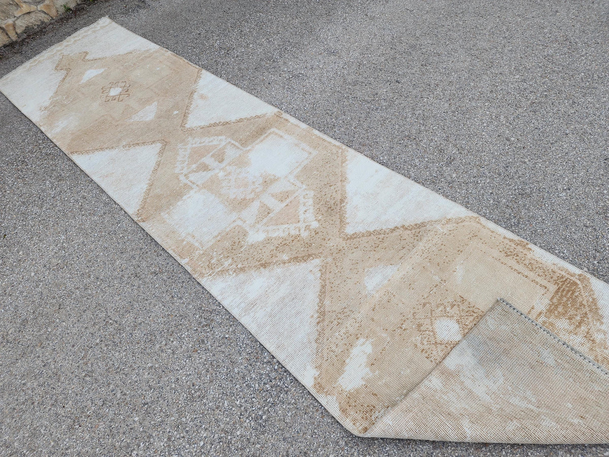 3x13 Hand-Knotted Turkish Wool Runner Rug, Neutral Hallway & Entryway Rug