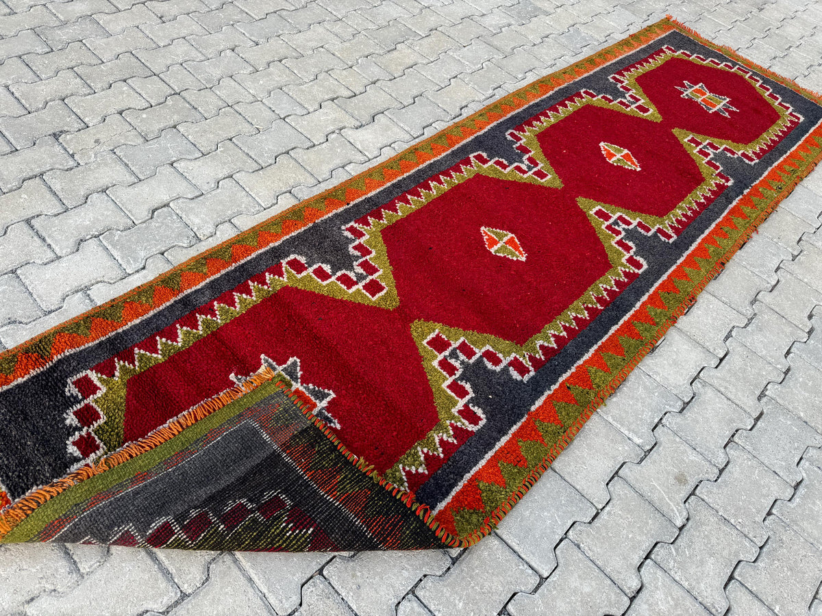 Handwoven Herki Runner Rug: 3x10 Turkish Boho Hallway Decor