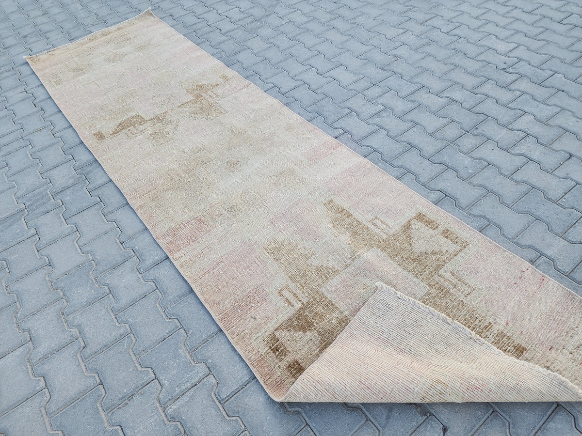 3x11 Turkish Runner Rug: Hand Woven Wool Neutral Beige with Subtle Geometric Pattern