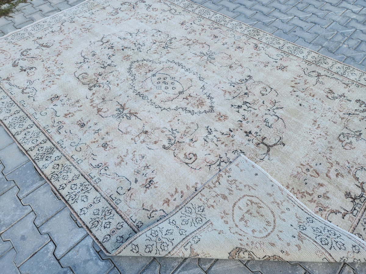 Muted Ivory Turkish Wool Rug 6x10: Semi Antique Neutral Rug