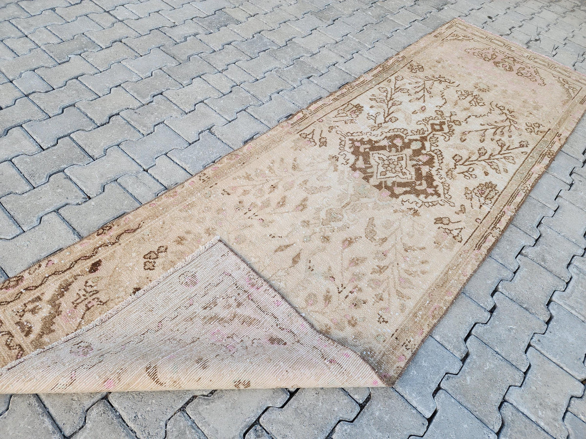 3x10 Hand Woven Neutral Turkish Runner Rug: Oushak Hallway Rug, Farmhouse Bohem Decor