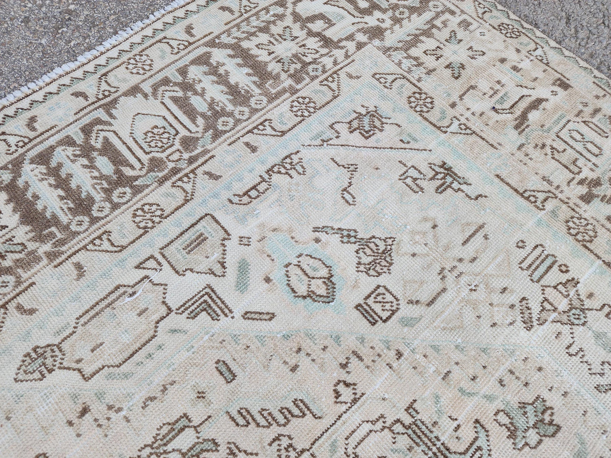 Geometric Neutral Rug 8x11: Beige Wool Hand Knotted Carpet, Rustic Bohem Dining Room Decor