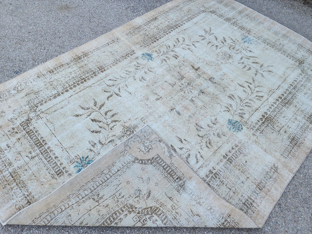 7x10 Hand-Knotted Wool Oushak Rug: Turkish Beige Distressed Carpet