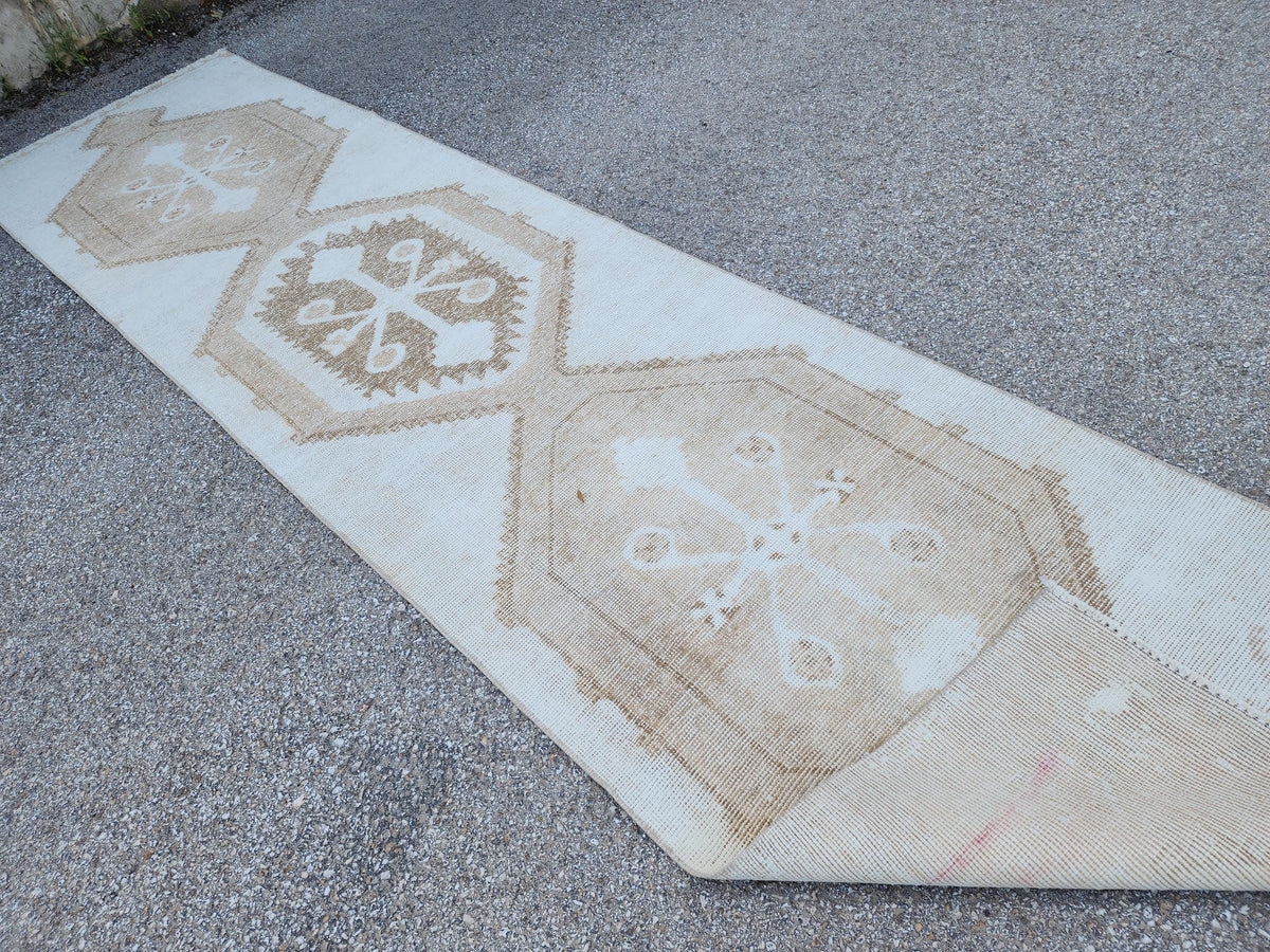 3x13 Neutral Turkish Runner Rug: Beige Rustic Hallway Decor