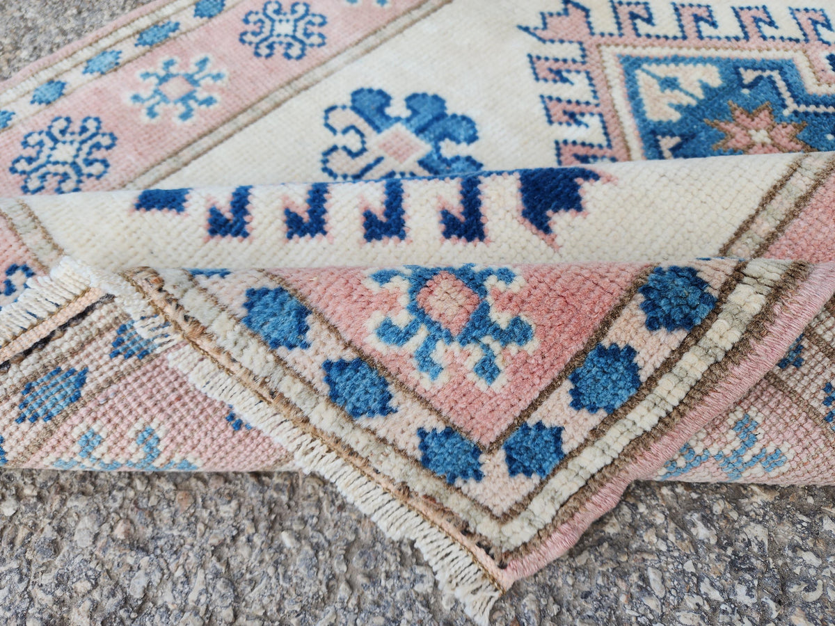 3x5 Anatolian Rug, Bohemian Turkish Hand Made Wool Carpet, Beige and Blue Color