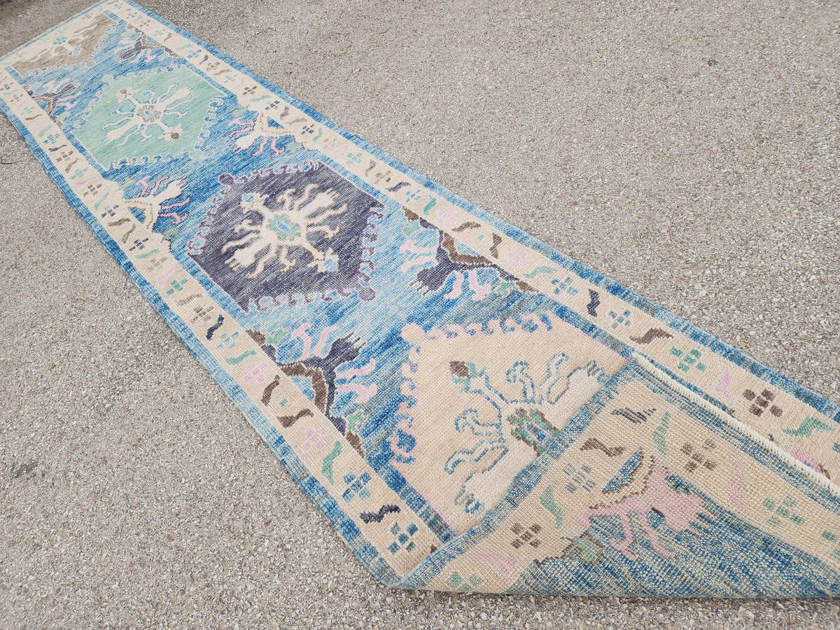 3x13 Oushak Runner Rug, Soft Blue Wool Turkish Hand Made, Rustic Hallway Decor