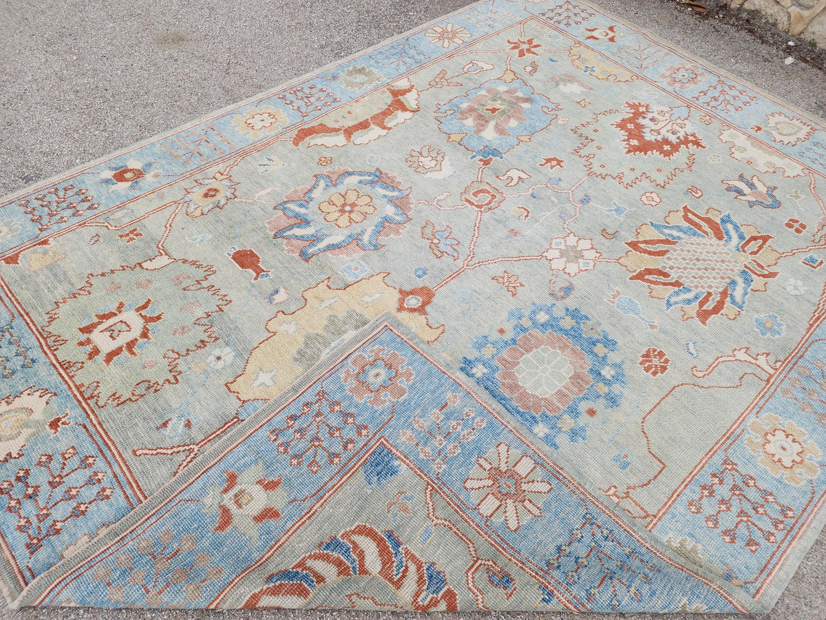 8x10 Oushak Rug, Handwoven Turkish Wool, Light Blue Terracotta Floral, Living Room Decor
