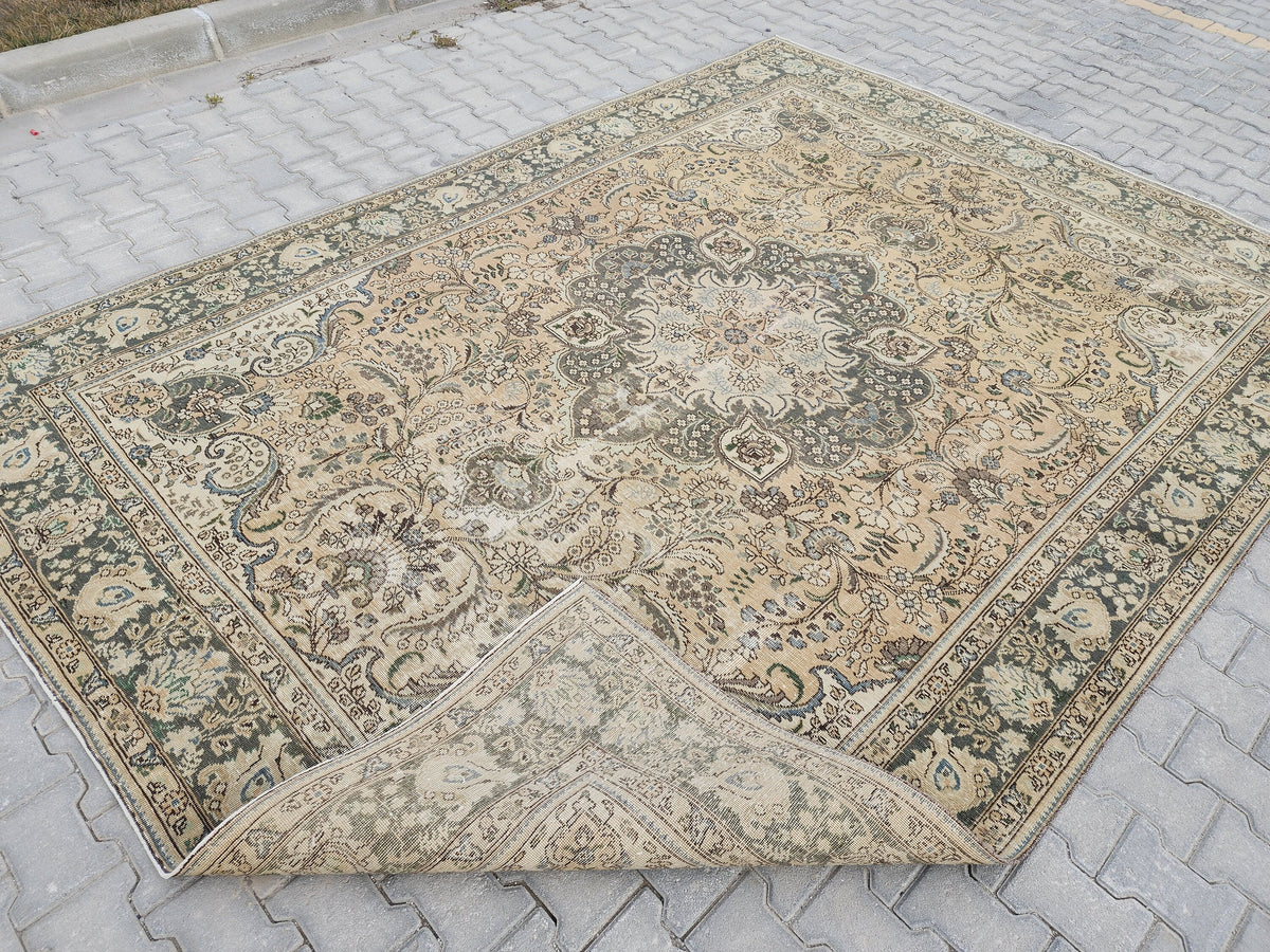 Hand Knotted Oushak Turkish Rug: 8x11 Vintage Wool Area Rug