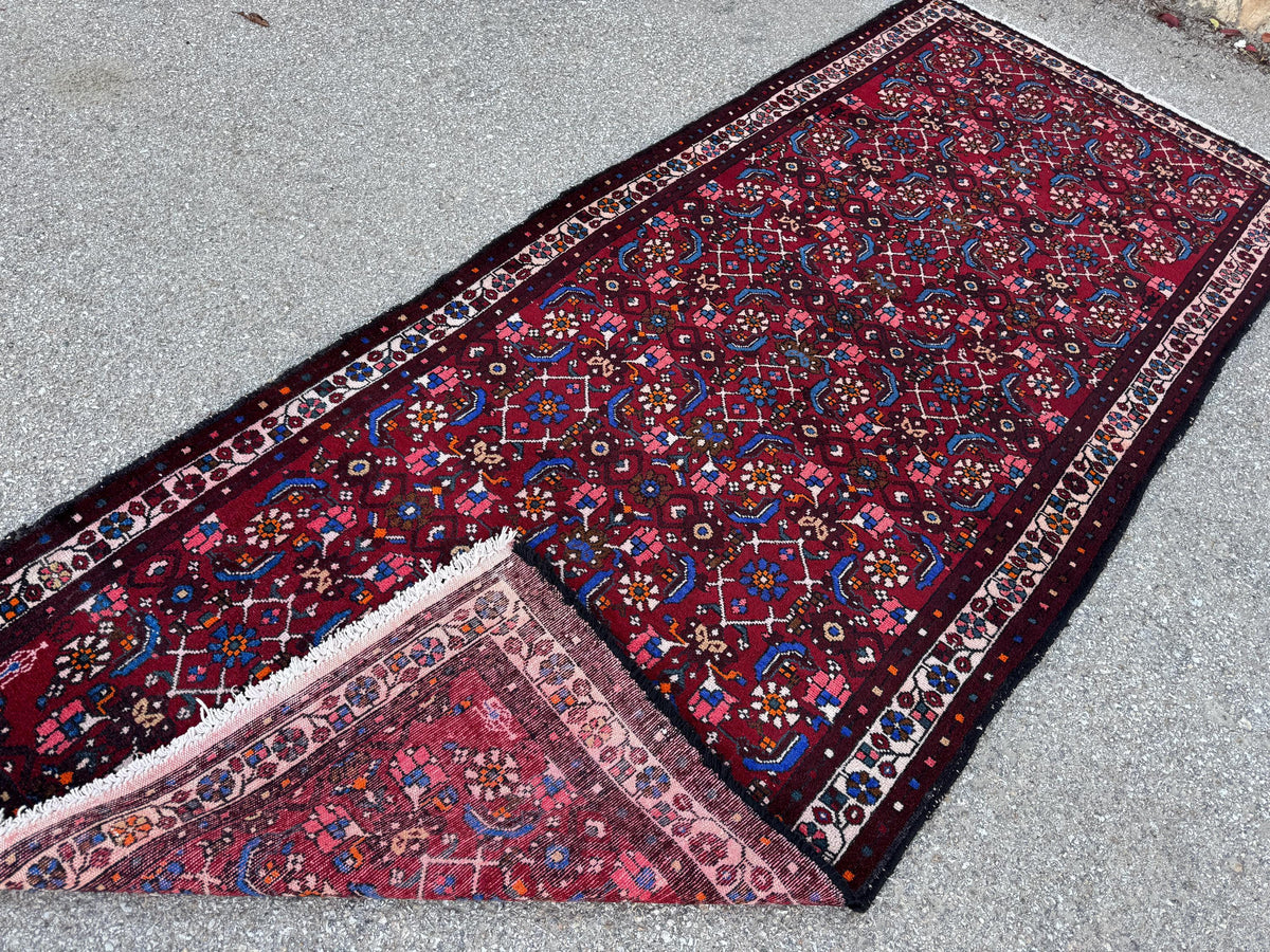 4x9 Oriental Runner Rug: Handwoven Red Wool Hallway with Vintage Floral & Geometric Pattern