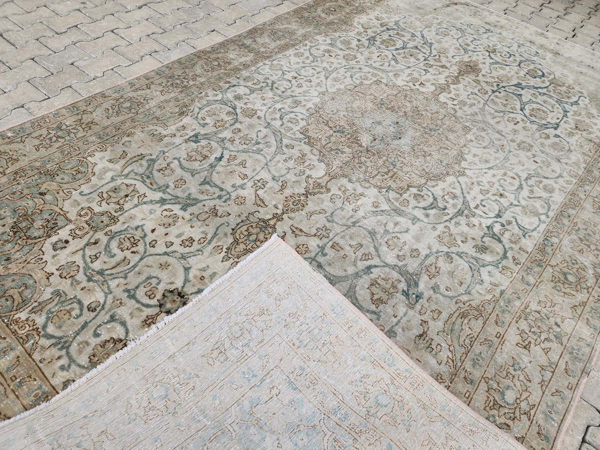 6x11 Neutral Vintage Rug: Green Floral Design Persian Border Design, Hand Knotted