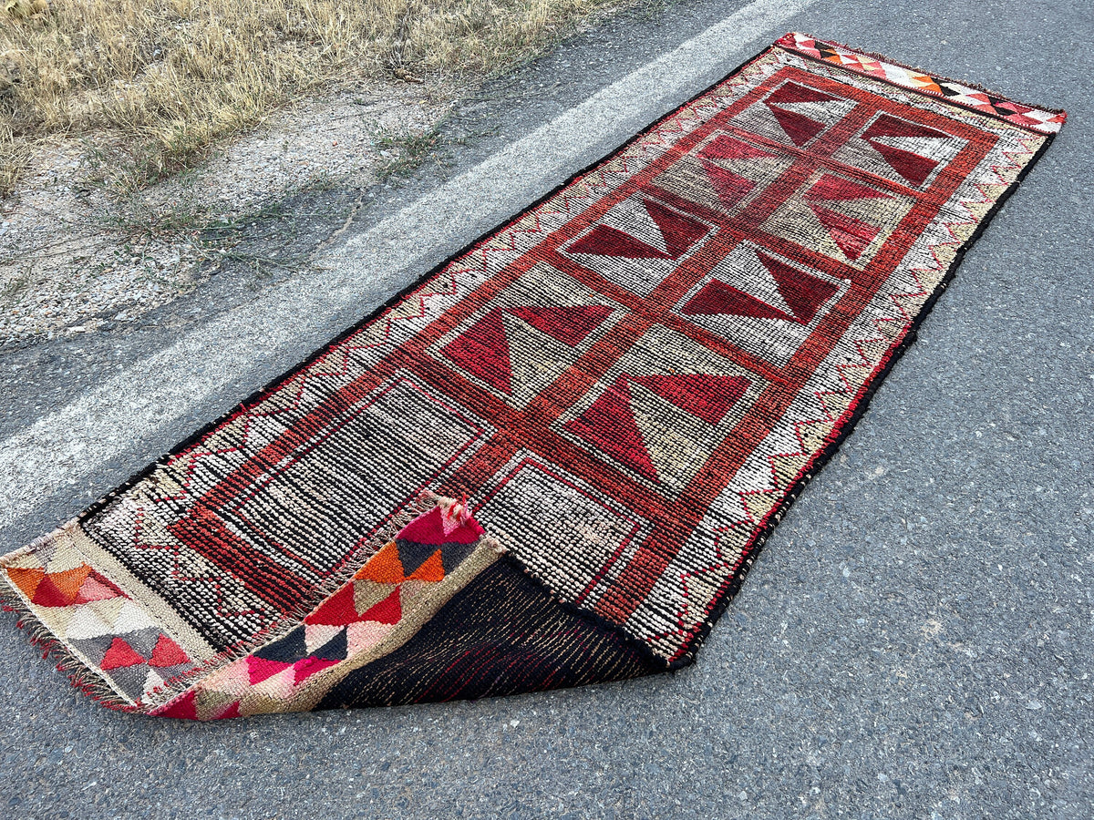 Handwoven Vintage Herki Rug: Geometric Bohemian Runner (3x10)