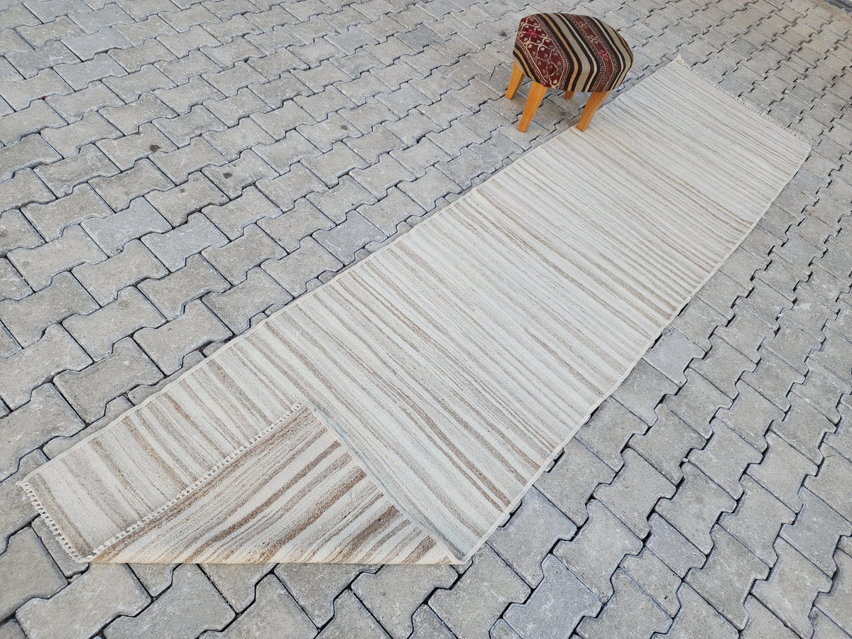 2.7x11, Neutral Wool ,Handwoven Turkish Kilim Runner Rug, Rustic Vintage Kilim