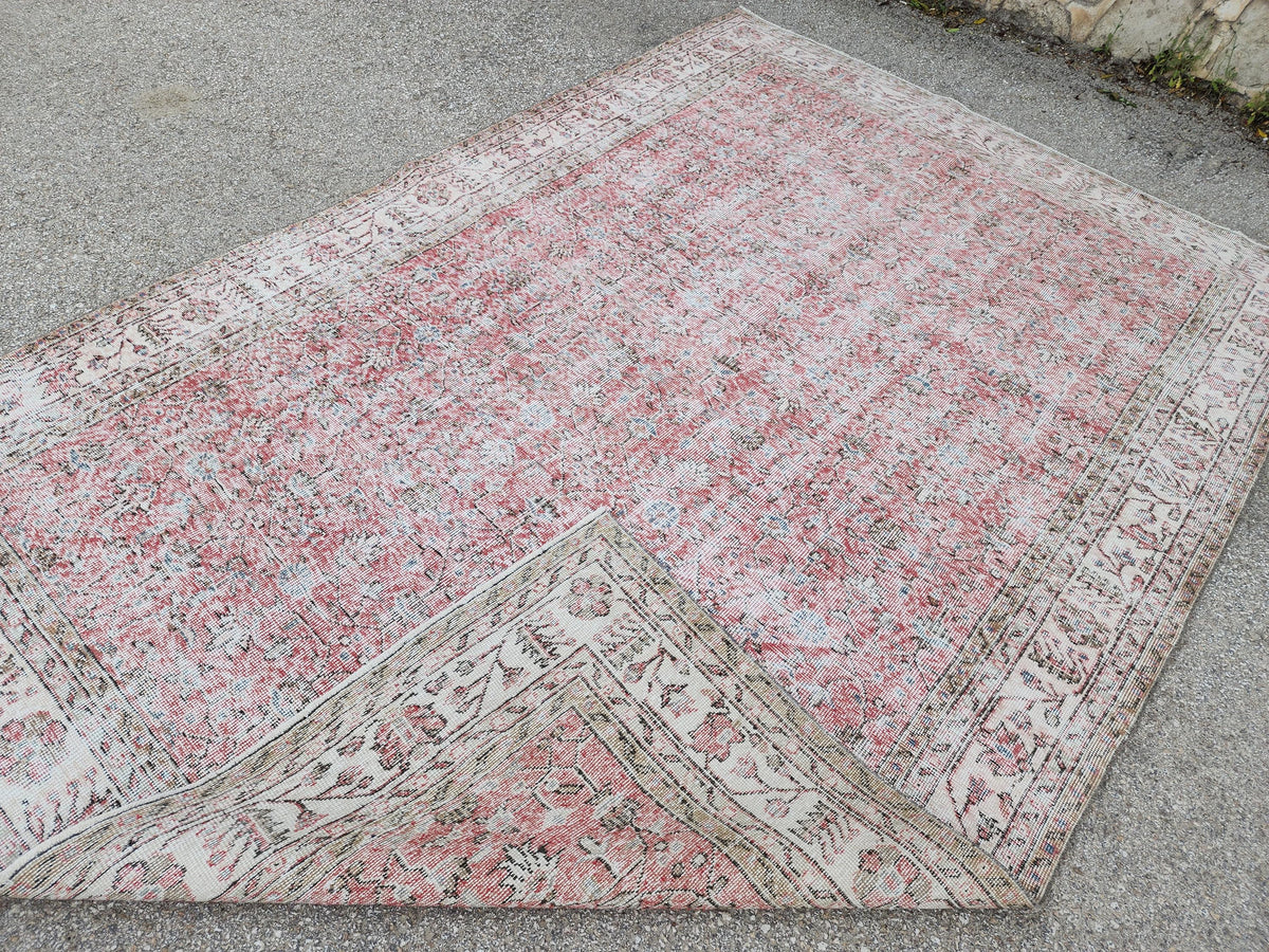 Vintage Oushak Rug 7x10: Handwoven Turkish Wool, Faded Red Farmhouse Style
