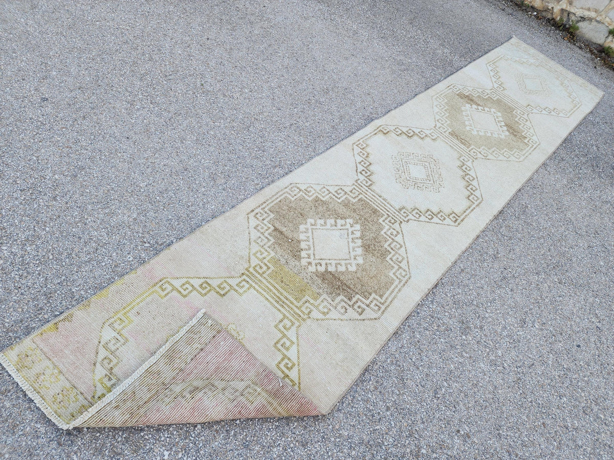 2x12 Neutral Rug, Hand Knotted Wool Turkish Runner, Farmhouse Stair Decor