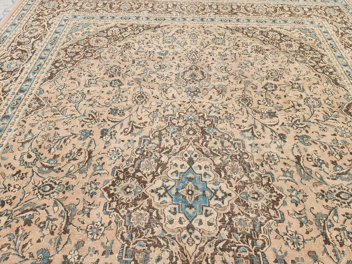 Neutral Persian Rug 9x12, Beige & Green Hand-Knotted, Neutral Living Room Decor