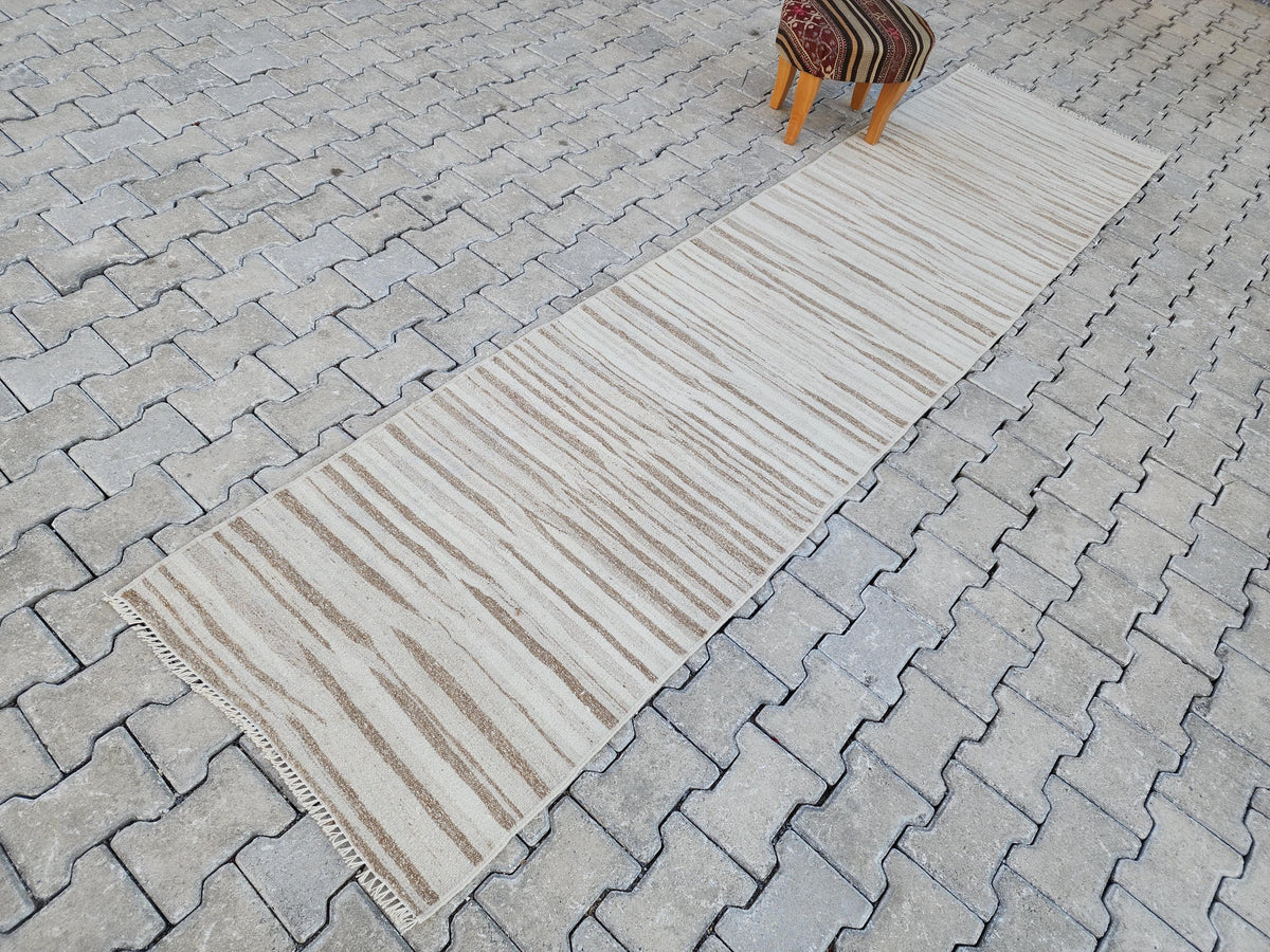 2x11 Hand Knotted Turkish Kilim Runner Rug: Neutral Wool, Rustic Decor