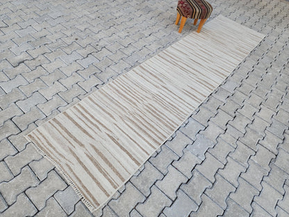 2x11 Hand Knotted Turkish Kilim Runner Rug: Neutral Wool, Rustic Decor