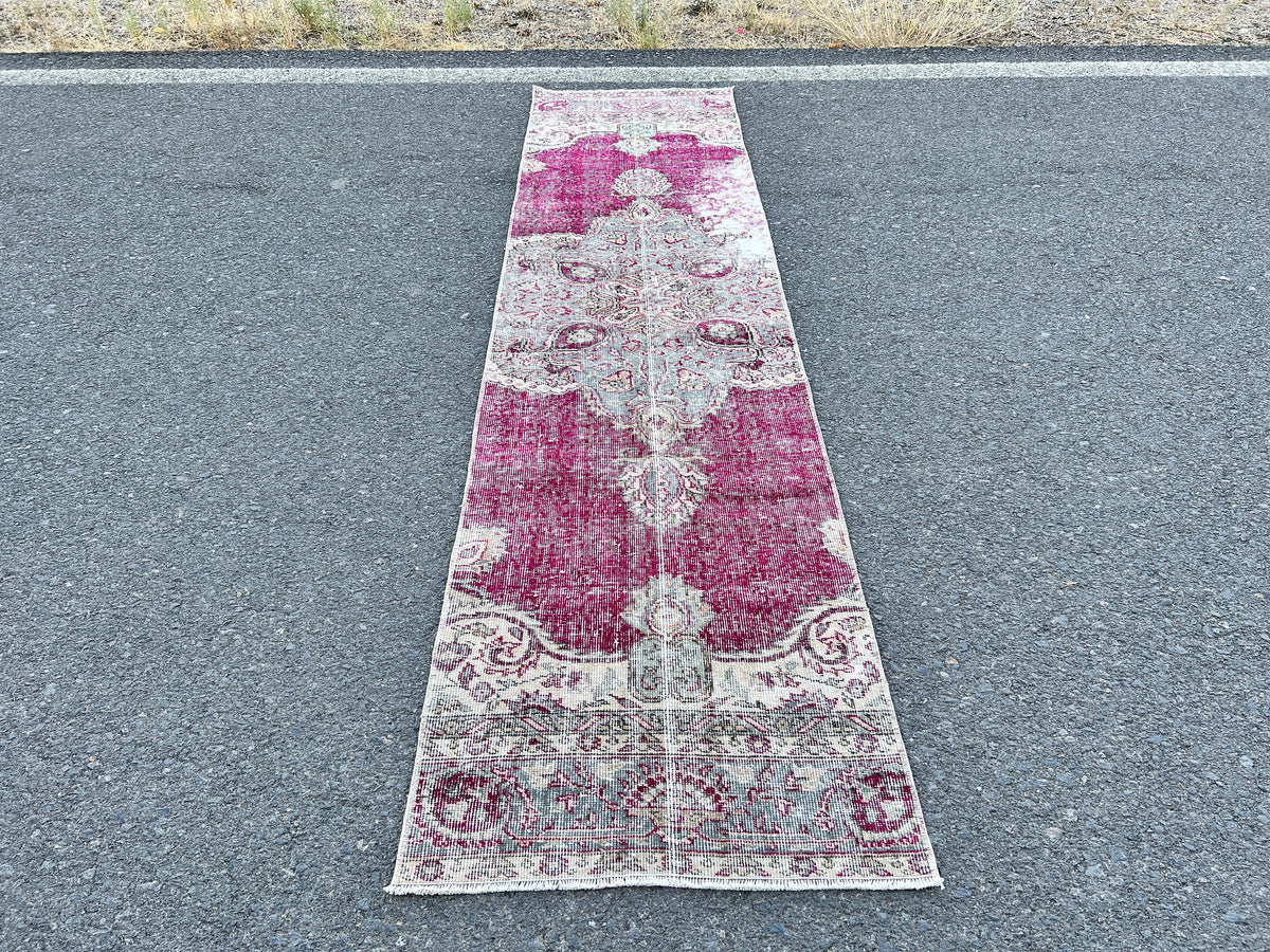 Turkish Runner Rug 2x9: Vintage Hallway Rug, Red Wool