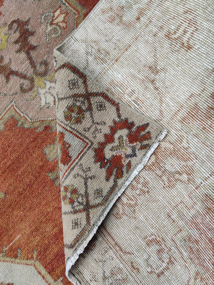 Vintage Oushak Rug 4x8: Hand-Knotted Wool Hallway Carpet