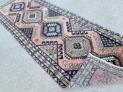 3x10 Hand Made Runner Rug: Persian Medallion Design Rug, Faded Red and Blue Border