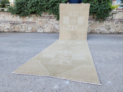 3x11 Neutral Turkish wool Runner: Hand Made Geometric Design